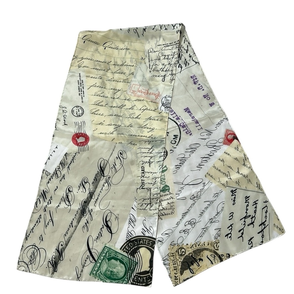 100% silk scarf with mail, stamps, letter design. Size: 10 inch x 51 inch - Picture 2 of 5
